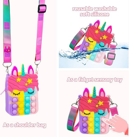 Civan Small Pop Purse,Unicorn Pop Purse for Girl Boy and Women Pop Bag with Unicorn Pop Toy,Shoulder Bag Fidget Toys Pop Fidget Backpack Toy for ADHD Anxiety School Backpack Silicone Bag Pop for Girls