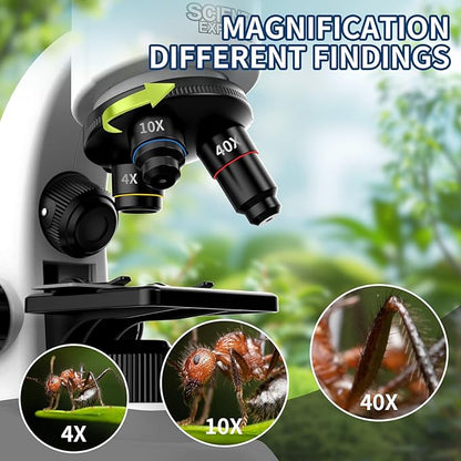 Microscope for Kids Scientific Experiment Kit 40X-1600X Magnification LED Light Educational STEM with Slides and Lab Tools Ages 6-12 (White)
