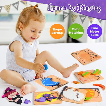 Halloween Wooden Puzzles Toys for Toddlers 1-3, for Baby Boys Girls, Halloween Toys for 1 2 3 Year Old Learning, Halloweens Party Favors for Kids, Trick or Treat Goodie Bag Fillers