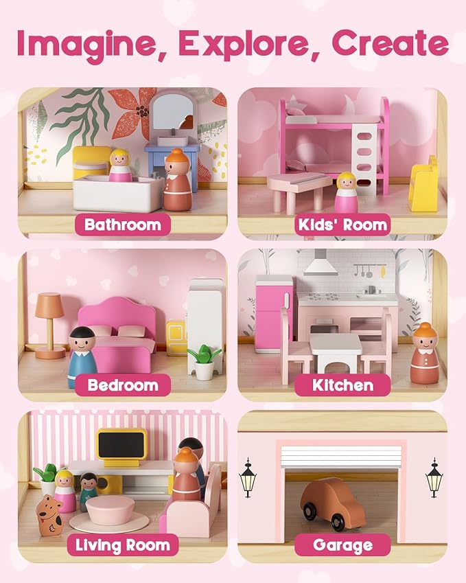 BIERUM Wooden Dollhouse for Girls, Large Pink Wooden Doll House with 39 Furniture Accessories, Elevator & Garage, 5 Rooms Modern Dollhouse for Toddlers, Pretend Play Toy Gift for Kids (Pink)