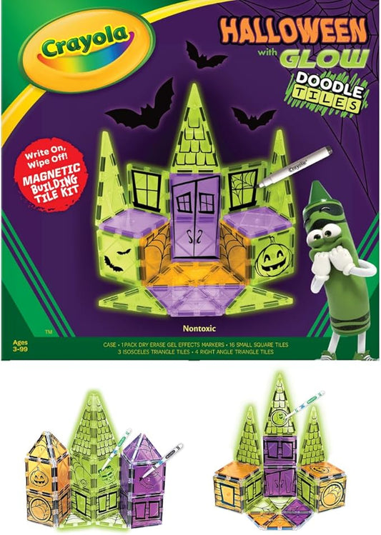 CreateOn Crayola Halloween Glow Doodle Magnetic Tiles Set, Building Set for Kids, STEM Toys for Boys and Girls Ages 3 and Up, 25-Piece Set