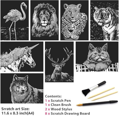 Scratch Art for Kids & Adults, Rainbow Engraving Painting Landscape Scratchboard(A4) Crafts Set: 8 Sheets Scratch Cards with 4 tools - Unicorn/Flamingo/Cat/Deer/Lion/Tiger/Leopard/Wolf(Animal Series)
