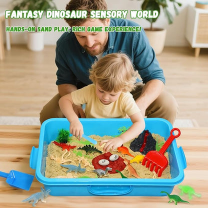 Pakimio Dinosaur Sensory Bin with Lid, 2.64lbs Magic Sand, Dino Figures & Skeletons, Archaeology & Sand Tools, Scenic Elements, Play Sand Kit Dinosaur Toys for 3 4 5 6 7 8+ Year Old Boy Birthday Gift