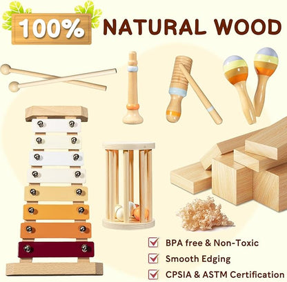 Baby Musical Instruments Set - Montessori Wooden Toys for Toddlers 1-3, Neutral Colors Drum Percussion Instruments Set with Modern Boho Xylophone, Preschool Educational Tool for Kids Age 3+