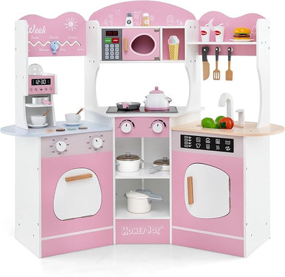 HONEY JOY Corner Play Kitchen, Toddler Wooden Toy Kitchen Set w/Lights, Coffee Maker, Microwave, Sink, Faucet, Little Chef Pretend Play Kids Kitchen Playset for Boys Girls (Pink)