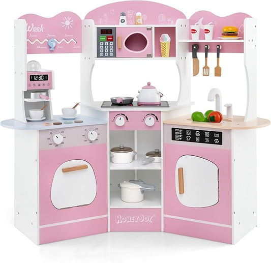 HONEY JOY Corner Play Kitchen, Toddler Wooden Toy Kitchen Set w/Lights, Coffee Maker, Microwave, Sink, Faucet, Little Chef Pretend Play Kids Kitchen Playset for Boys Girls (Pink)