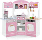 HONEY JOY Corner Play Kitchen, Toddler Wooden Toy Kitchen Set w/Lights, Coffee Maker, Microwave, Sink, Faucet, Little Chef Pretend Play Kids Kitchen Playset for Boys Girls (Pink)