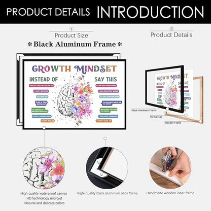 CEHNSENHUI Classroom Growth Mindset Affirmations for Kids Mental Health Posters Brain Poster Psychology Special Education Calm Corner Wall Art Office Therapy Canvas Wall Decor 24x36in BlackFramed