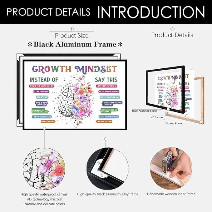 CEHNSENHUI Classroom Growth Mindset Affirmations for Kids Mental Health Posters Brain Poster Psychology Special Education Calm Corner Wall Art Office Therapy Canvas Wall Decor 20x30in BlackFramed
