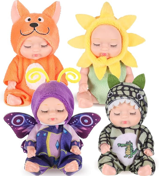 Hanaive 4 Pcs 4 Inch Mini Baby Dolls Lifelike Realistic Baby Dolls Animal Clothes Cute Tiny Gifts for Kids Birthday Party(Novelty Style)