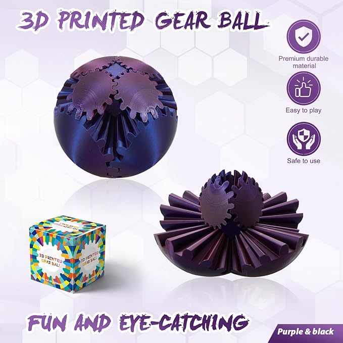 Gear Ball-3D Printed Gear Sphere,3D Printed Spin Ball Cube Fidget Toy,The Steampunk Whirling Wonder Fidget Ball Toy(Black Purple)
