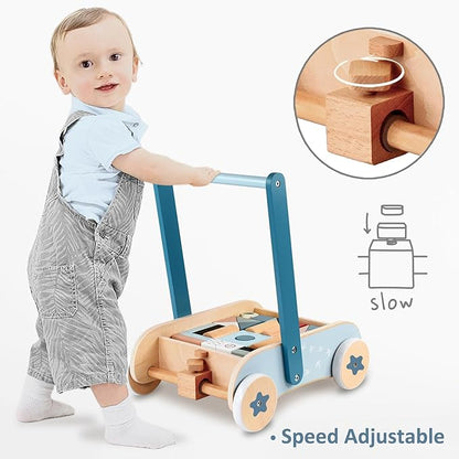 PairPear Wooden Baby Walker with Blocks & Brake – Montessori Push Cart, Adjustable Speed, Anti-Slip Wheels, Gift for 1-3 Y Boys & Girls