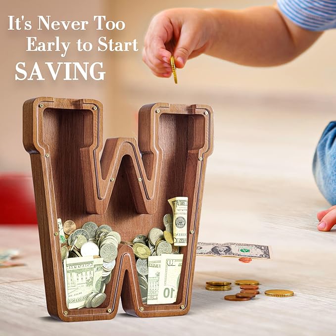 Customized Name Large Wooden Piggy Bank for Kids Boys Girls Alphabets Letter A-Z Coins Bills Money Change Bank Box Initial on Clear Cover (Laser Engraved) (Alphabet-A, Personalized-12)