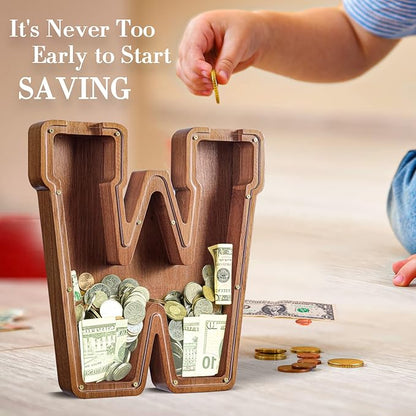 Summidate Large Wooden Piggy Bank for Kids Adults, Alphabets Letter A-Z Piggy Bank for Boys Girls, Coins Bills Change Bank Box Personalized Initial Name Kids Money Bank for Birthday Present and Decor