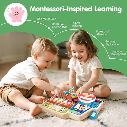 hahaland Montessori Busy Board for Toddlers 3-5, 18-in-1 Wooden Sensory Activity Board with LED Lights & Switches, Educational Montessori Toy for Fine Motor Skills, Travel & Birthday