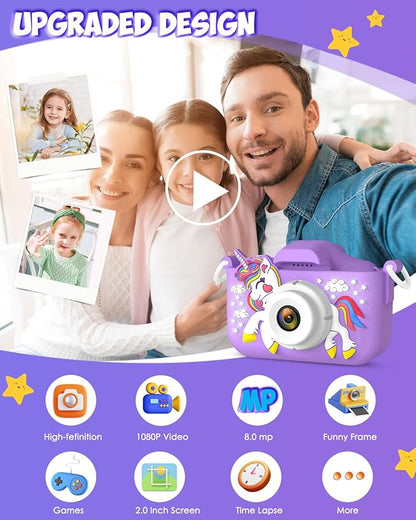 Kids Camera Toys for 3-12 Year Old Girls Unicorn Camera for Kids,Chritmas Birthday Festival Gifts for Girls，Digital Video Camera for Toddler 32G SD Card