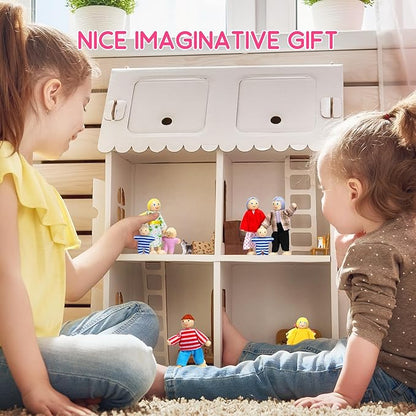 Skylety 10 Pcs Wooden Dollhouse Set of Mini People Figures Dollhouse Dolls Wooden Doll Play Figures Accessories(Bright Style)