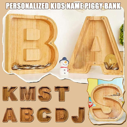 Twenty-six English Alphabet A-Z Letter Piggy Bank,Large-Capacity Transparent Wooden Alphabet Piggy Bank，Personalized Coin Savings Box, Name DIY Creative Purchase Combination.
