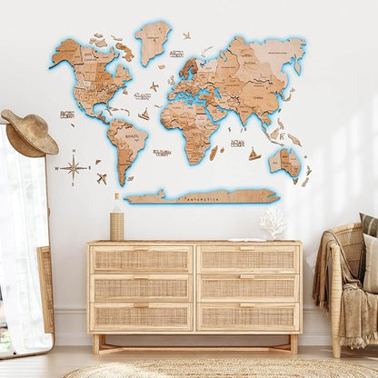 Enjoy The Wood 3D Wood World Map LED 3.0 Wall Art Modern Home Decor Gifts LED Lighting Wall Decor Housewarming Gift (Light)