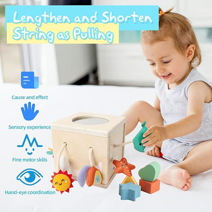 Pull String Activity Toy, Montessori Toys for Babies 6-12 Months, Wooden Activity Cube Baby Sensory Toys for 1 Year Old Boy Girl, Early Learning Baby Infant Toy 6 to 12 Months