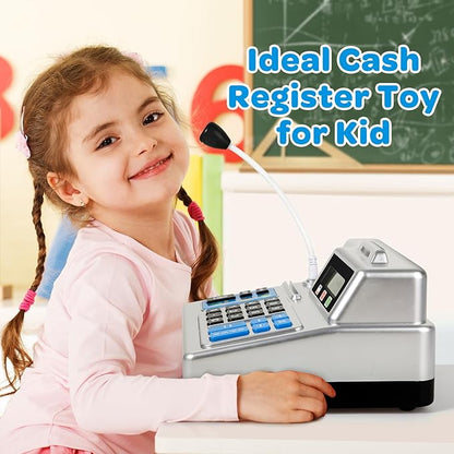 Calculator Cash Register - 103 Pcs Toy Cash Register, Store Set with Microphone, Credit Card and Banking for Kids, Toddler Math Learning Toys, Preschool Gifts for 3, 4, 5, 6, 7, 8+ Years Old Boy Girl