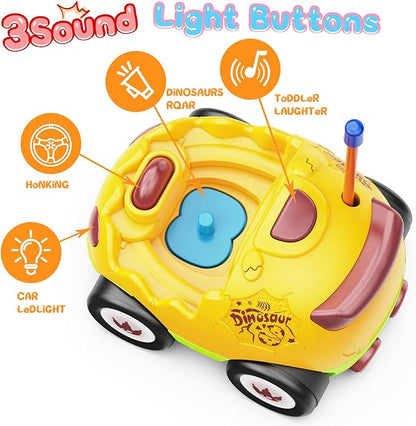 2 Pack Dinosaur Toys for Toddlers 2 3 4 5 6 Years Old - Remote Control Cars RC Cars with Music, Lights and Sound Effect, Birthday Toys for Boys Kids(Yellow Green)