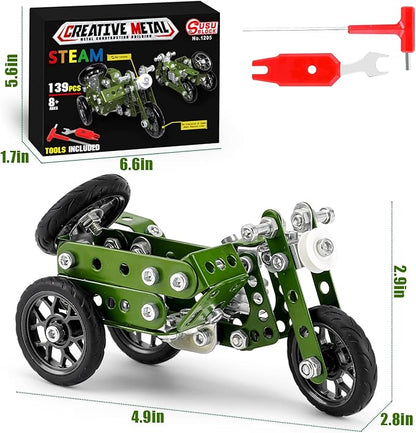 Creative Sets Building Toys Motor Tricycle Set-139 Pieces DIY Building Stem Projects Toys for Kids Boys Ages 8-12,Metal Building Toys Set Gifts for Model Military Motorcycle Fans