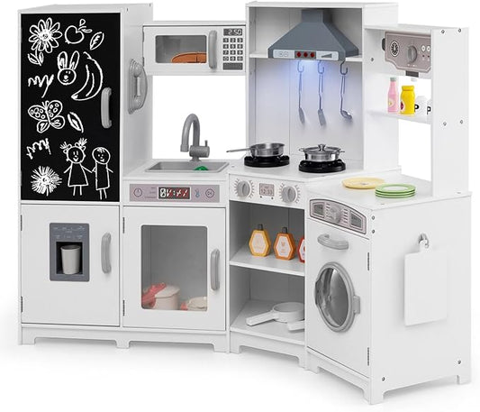GLACER Corner Wooden Play Kitchen for Kids, Large Pretend Play Kitchen Playset with Sound, Light, Chalkboard, Microwave, Ice Maker, Washing Machine, Accessories, Toy Kitchen Set for Ages 3+ (White)