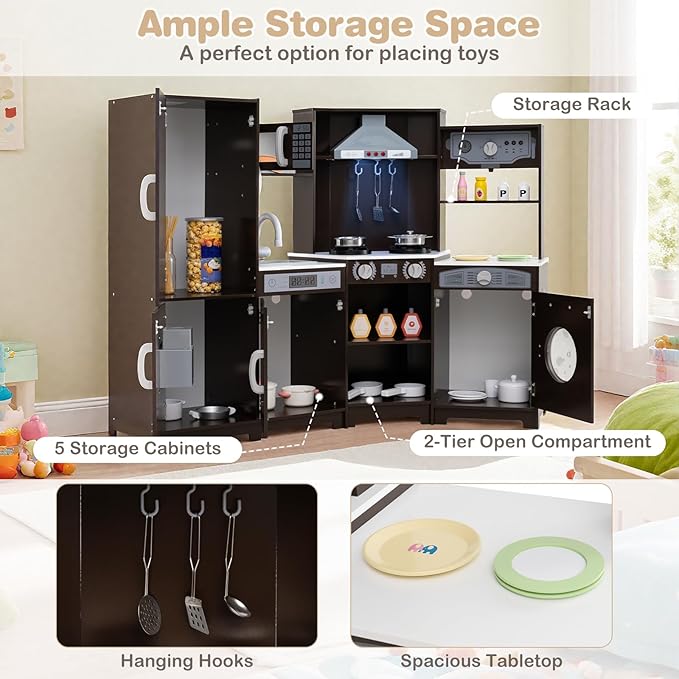 HONEY JOY Corner Play Kitchen, Large Wooden Pretend Toy Kitchen Set w/Lights, Ice & Coffee Maker, Range Hood, Chalkboard, Microwave, Cookware, Little Chef Kids Kitchen Playset for Toddlers (Espresso)
