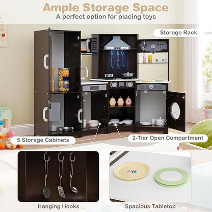 HONEY JOY Corner Play Kitchen, Large Wooden Pretend Toy Kitchen Set w/Lights, Ice & Coffee Maker, Range Hood, Chalkboard, Microwave, Cookware, Little Chef Kids Kitchen Playset for Toddlers (Espresso)