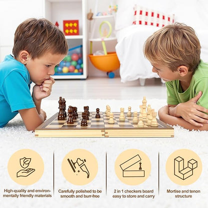 LEAP Magnetic Wooden Chess Sets 15.5 inch Foldable Chess Board 3 inch King Height Chess Pieces, Upper Checker Storage Slots for Beginer, Adults