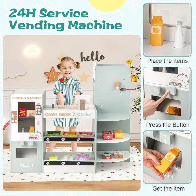 HONEY JOY Kids Grocery Store Playset, Wooden Play Store w/Coffee Maker & Vending Machine, Toddler Supermarket Checkout Stand w/Cash Register, Display Shelves, Play Food, Grocery Store Pretend Play
