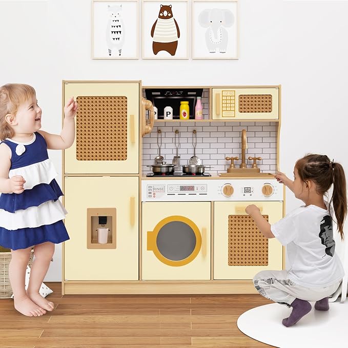 Costzon Kids Kitchen Playset, Wooden Play Kitchen w/Rattan Door, Realistic Lights & Sounds, Water Dispenser, Washing Machine, Cooking Accessories, Montessori Toy for Kids 3+ Year Old (Yellow)