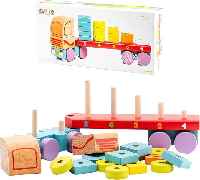 CUBIKA Wooden Geometric Shapes Truck– Montessori Toy for Toddlers Ages 3+– Shape Sorter and Stacking Truck Building Toy– FSC-Certified Wood, German Water-Based Paints, Travel-Friendly