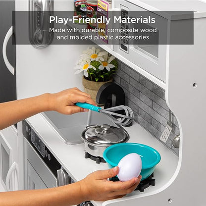 Best Choice Products Pretend Play Kitchen Wooden Toy Set for Kids w/Realistic Design, Telephone, Utensils, Oven, Microwave, Sink - White