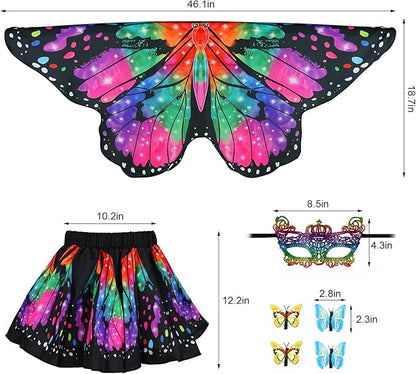Butterfly Costume for Girls Fairy Wings Kids 4 Pcs(Cape,Skirts,Masks,Hair Clips) Butterfly Wings for Halloween Gifts