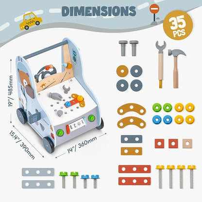 Giant bean Wooden Baby Push Walker with Activity Center – Car Traffic Theme Tool Bench Shape Sorter, Steering Wheel Gears Beads, Montessori Toy for Toddlers 1-3, Walking Push Toy Speed Adjustable