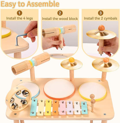 WINGYZ Drum Set for 1 Year Old Toddlers – 10 in 1 Wooden Baby Musical Toys for Kids with Drums, Xylophone, Cymbals, Bell & Tone Block, Montessori Music Instruments Gift for Ages 1-3 2-5