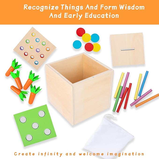 Adena Montessori 3 in 1 Wooden Montessori Play Kit Baby Toys,Includes Matchstick Color Drop Game,Carrot Harvest Game and Coin Box,Learning Toy for Kid 1,2,3 Year Old,Girl Boy Gift for Baby 6-12 Month