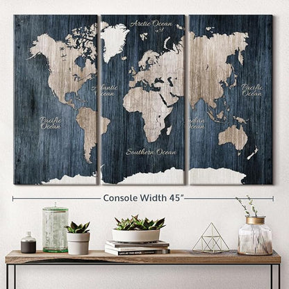 ElephantStock Aged Blue World Map I Canvas - 3 Panel Wall Decor - World Map Digital Art - Blue Wall Art - 45" X 28"