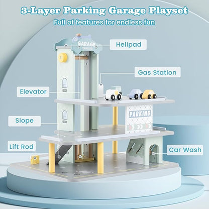 Costzon Toy Car Garage, Multi-Level Wooden Toy Garage with 4 Cars, Helicopter, Gas & Charging Station, Ramp & Working Elevator, Parking Garage for Toy Cars, Pretend Play Gift for Kids Toddlers 3+