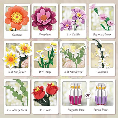 Dual-Tone Vase Flowers Bouquet Building Set, 16 Artificial Flowers Bouquet Sets for Adults & Women & Home Decor Living Room, Compatible with Lego Flowers Bouquet Botanicals Collection, 1278 PCS