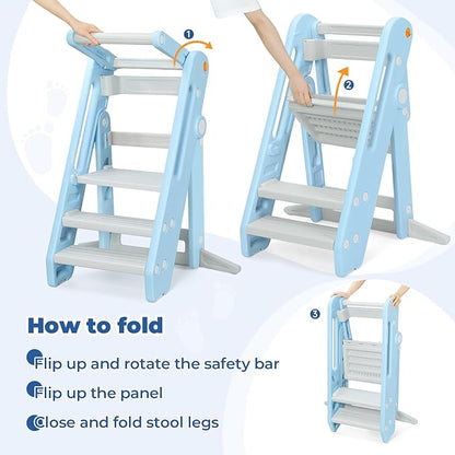 Onasti Toddler Tower Kitchen Stool Helper, Foldable & Adjustable Height Kids Learning Stool for Kitchen Counter Bathroom Sink, Child Ladder for Toddlers with Handles, Safty Rail, Non-Slip Pads-Blue