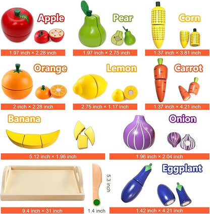 Wooden Play Food for Toddlers, Velcro Fruit and Veggies Cutting Set for Kids, Montessori Learning Toys Food, Pretend Food Play Kitchen Accessories for 3 4 5 6 Years Old Boys & Girls Gift