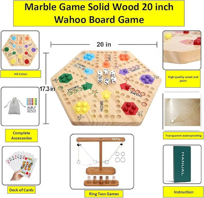 Wooden Wahoo Marble Board Game (20 INCH), Double-Sided, for 2-6 Players, with 24 Marbles and 6 dice. Also Includes Ring Toss, Wooden Hook and Ring Gameand Premium Playing Cards.
