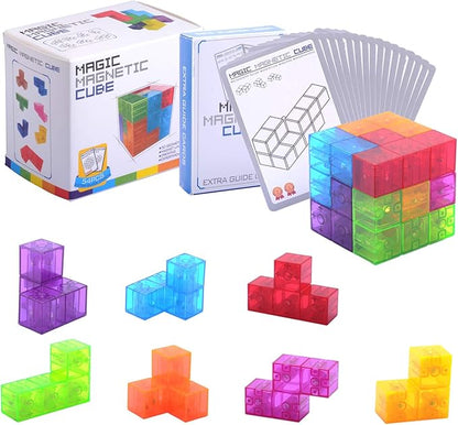 WorWoder Kids Magnetic Building Blocks Magic Magnetic 3D Puzzle Cubes, Set of 7 Multi Shapes Magnetic Blocks with 54 Guide Cards, Intelligence Developing and Stress Relief Fidget Toys for Kids (Blue)