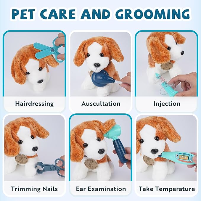 Doctor Kit for Kids with Dog Toy, Girls Boys Vet Playset Kit with Pet Cage & Stethoscope, Veterinarian Pretend Play Toys Doctor Kit for Toddlers Birthday Gift for Age 3 4 5 6 7 8 Years Role Play