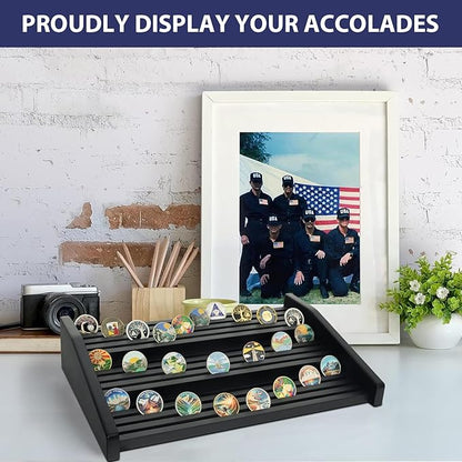 Challenge Coin Display Holder, 12 Rows Solid Wood Military Coin Stand Holds 80-100 Coins, Army Coin Display Rack for Desk (Black Finish)