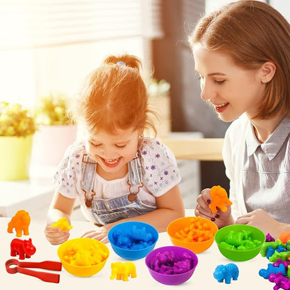 Counting Toys Matching Game for Kids with Sorting Bowls Preschool Learning Educational Activities Toys Color Classification and Sensory Game Set Toddler Montessori Toys for 3 4 5 Years Old-Animals