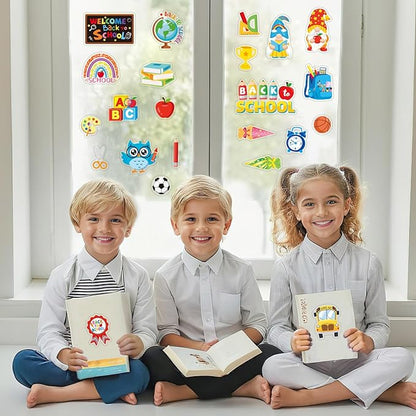 MARFOREVER 50 PCS Back to School Window Thick Gel Clings Stickers Reusable School Window Clings Decals for Welcome Back to School Party Supplies Wall Glass Blackboard Decorations